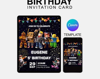 Canva Birthday Template Invitation Roblox, Convite, Game Party, Roblox Boys, Game Birthday, Kids Roblox, Modelo editável