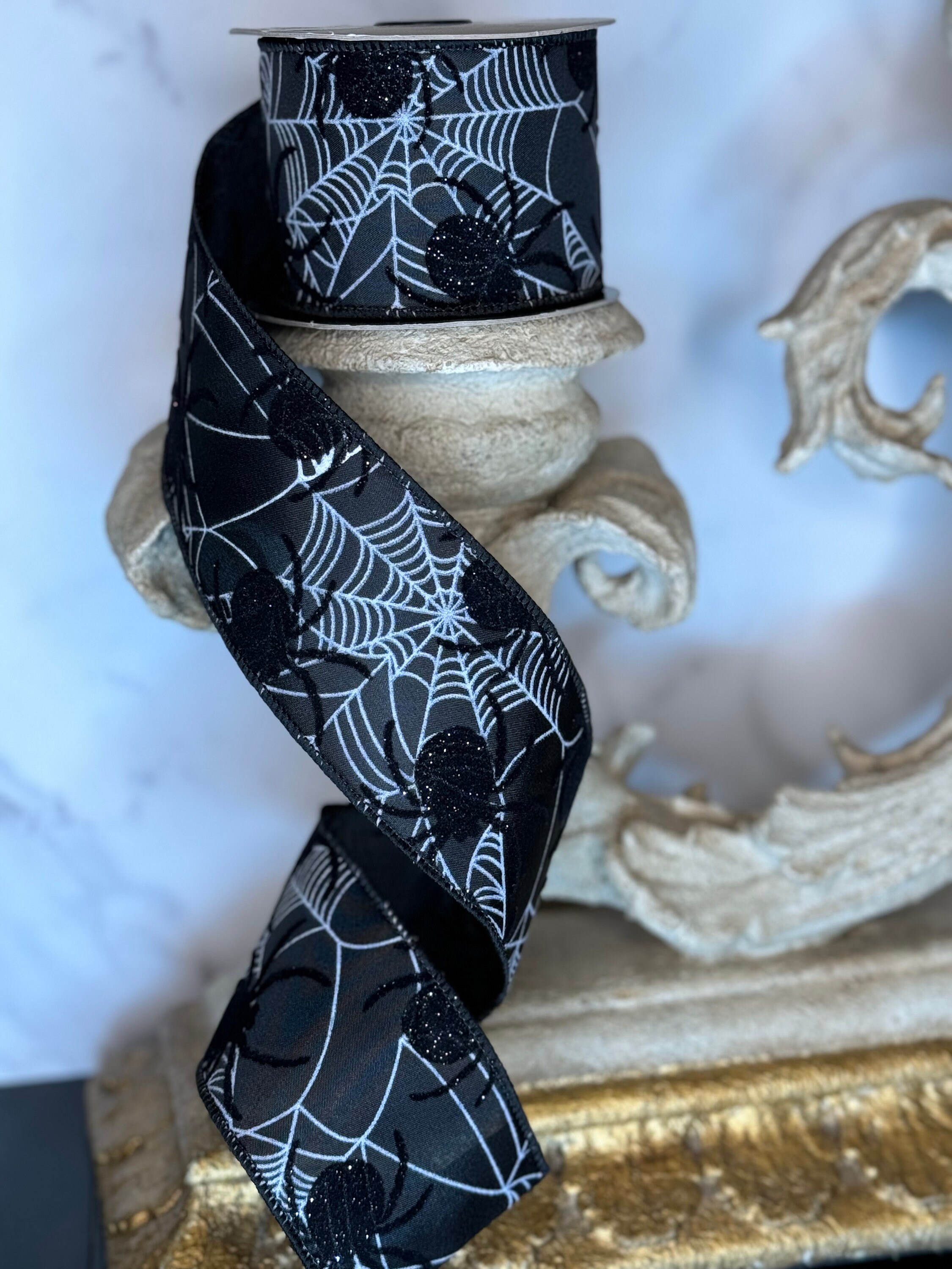Spider Ribbon 2.5” Satin Black Flocked Spider Ribbon, Designer Ribbon, Ribbon, Wired ...