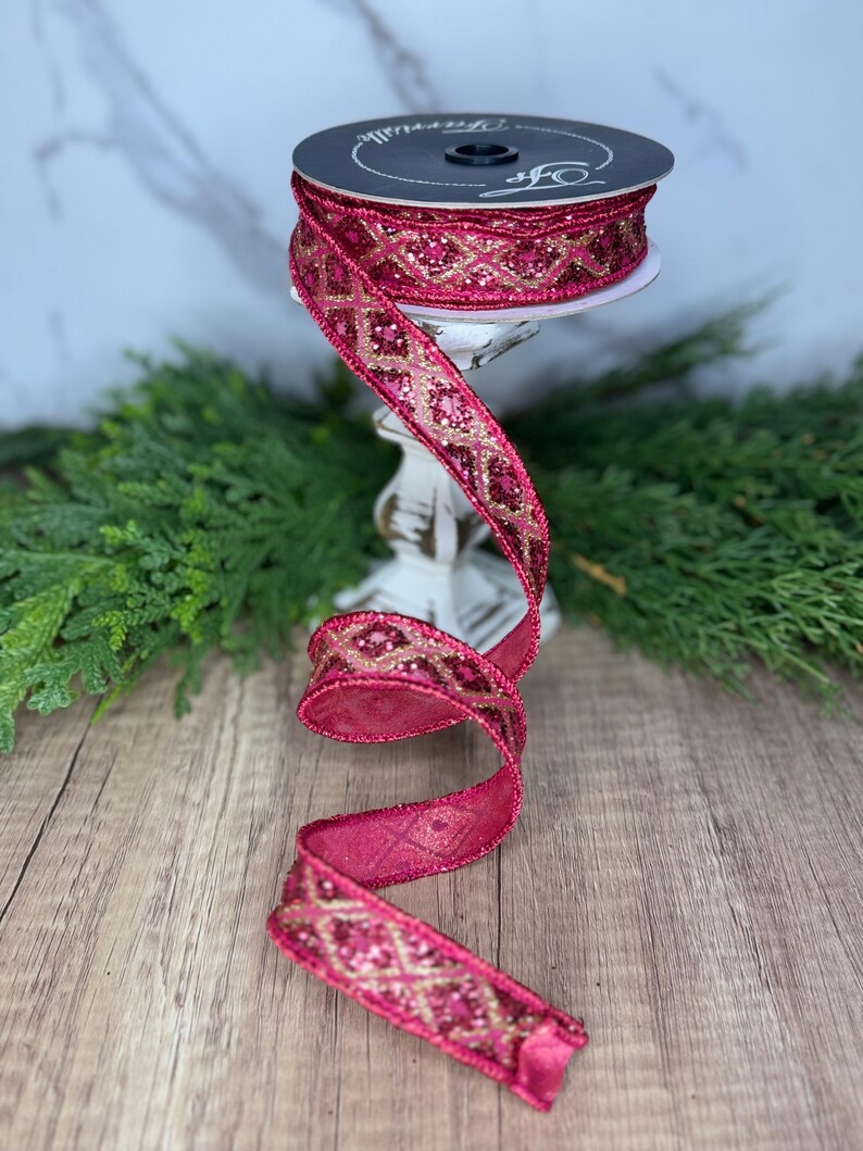 1 Inch HOT PINK MARQUISE Diamond Designer Ribbon, Wired Ribbon, Ribbon ...