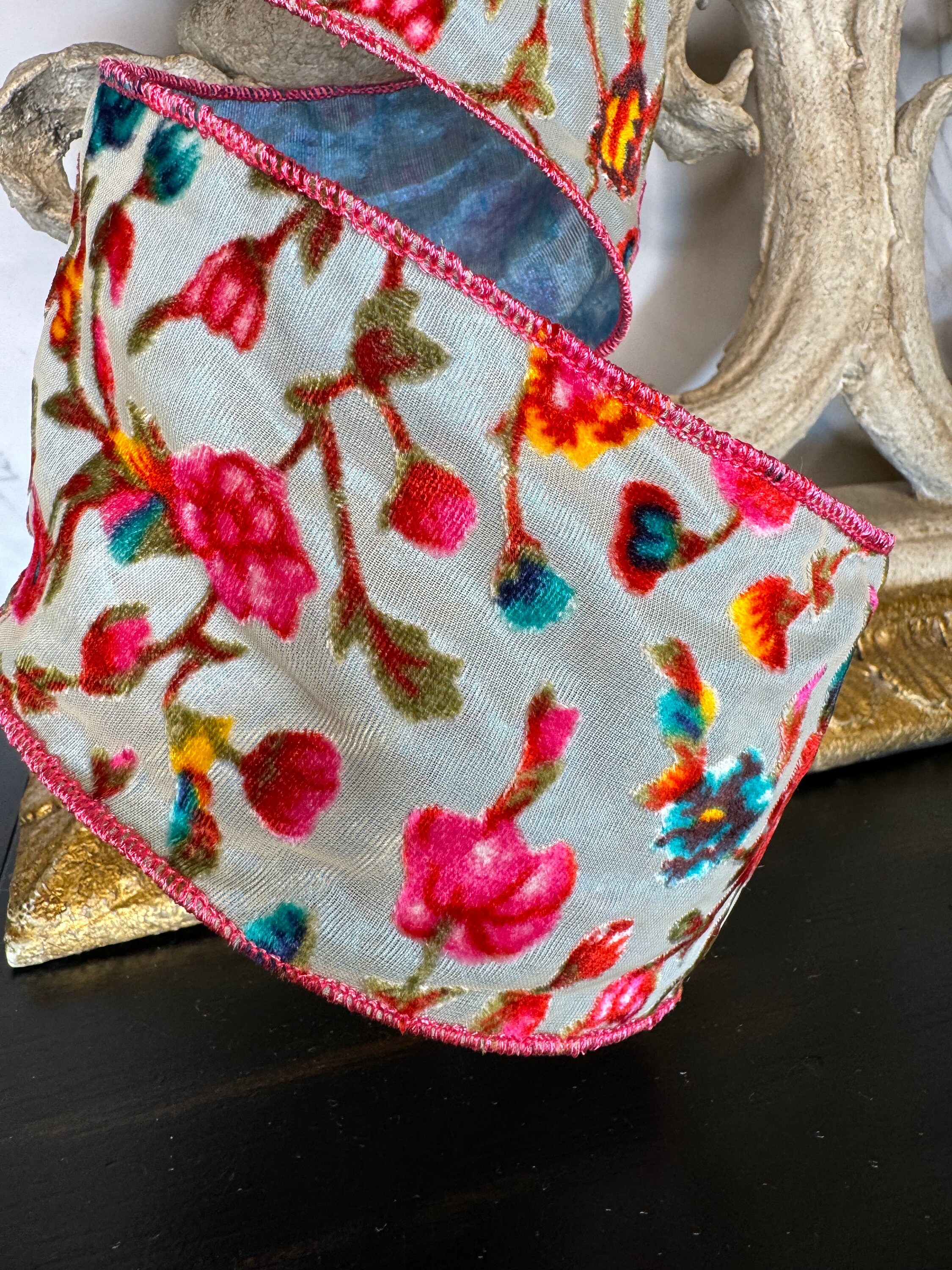 4” Burn Out Velvet Teal and Pink Floral Ribbon, Designer Ribbon, Ribbon ...