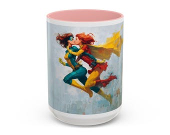 Taza de café con romance de superhéroes: regalo para fans de los cómics con poder femenino