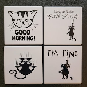 Coasters, Cat Coaster Set, Funny Cat Ceramic Coasters, Cute Cat Coasters, Set of 4 Coasters, Decorative Coasters