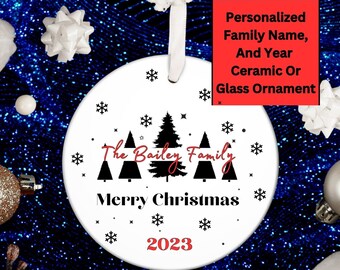 Personalized Family Name Christmas Tree Ornament, Personalized Merry Christmas Ornament, Christmas Name Ornament Gift, Christmas Tree Line