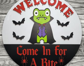 Halloween Door Sign, Vampire Frog Welcome Homeware Decor, Spooky Fall Hanging Porch Sign, Handmade Laser Cut Wood Plaque, Indoor Outdoor