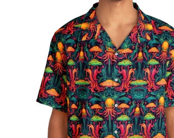 Free Shipping (Dom./Intl.) - Psychedelic Seascapes Men's Hawaiian Shirt: Vibrant Ocean Life Pattern - Sizes up to 5XL