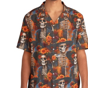 Day of the Dead Skull Hawaiian Shirt - Dia de los Muertos Beach Wear - Chicano Art Skeletons - Men&#39;s Floral Button Up - Unique Summer Top