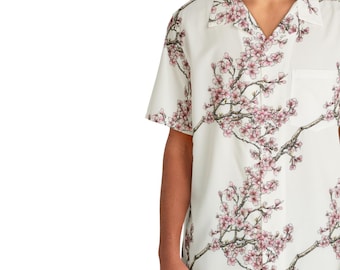 Cherry Blossom Hawaiian Shirt Men&#39;s Pink Floral Spring Button Down Casual Beach Wedding Vacation Aloha Shirt Asian Art