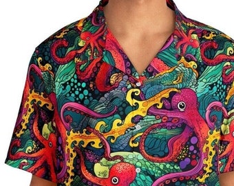 Größen S bis 5XL - Unisex Psychedelic Octopus Hawaii Shirt - Lebendiges Magenta & Cyan Muster Design: Stand Out with Style