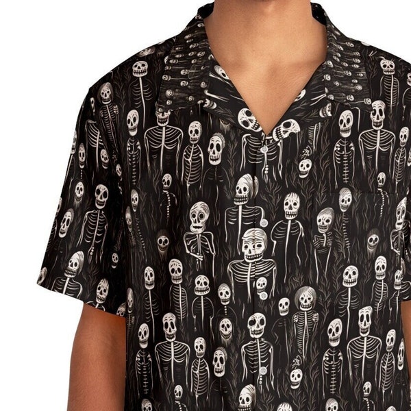 Men's Black and White Skeleton Hawaiian Shirt for Halloween, Day of the Dead, Music Festivals, and Mor