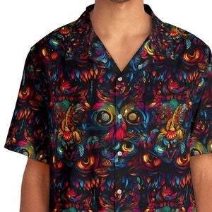 Unique Colorful Owl Seamless Pattern Hawaiian Shirt for Festivals and Parties with Tessellation and Surrealism Style Free Shipping Up to 5XL