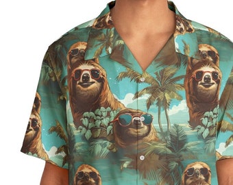 Sloth Sunglasses Hawaiian Shirt - Tropical Illusion, Men's Casual Summer Aloha Shirt, Seamless Artistic Pattern, Unique Coastal Design