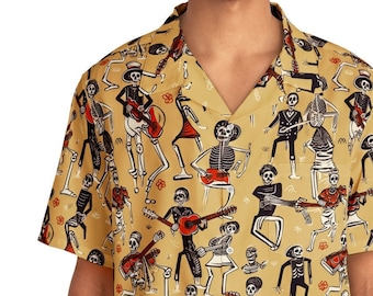 Sizes S-5XL - Day of the Dead Unisex Hawaiian Shirt: Dancing Skeleton Musicians in Light Brown & Orange Tones-Men&#39;s Hawaiian Shirt Halloween