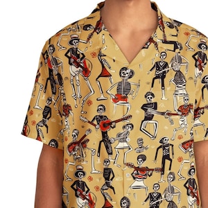Sizes S-5XL - Day of the Dead Unisex Hawaiian Shirt: Dancing Skeleton Musicians in Light Brown & Orange Tones-Men&#39;s Hawaiian Shirt Halloween