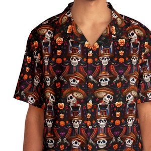 Tamanhos P-5XL - Dança do Esqueleto do Dia dos Mortos: Camisa havaiana luxuosa e detalhada, padrões psicodélicos, tons laranja escuro/bege - Masculino, Festival