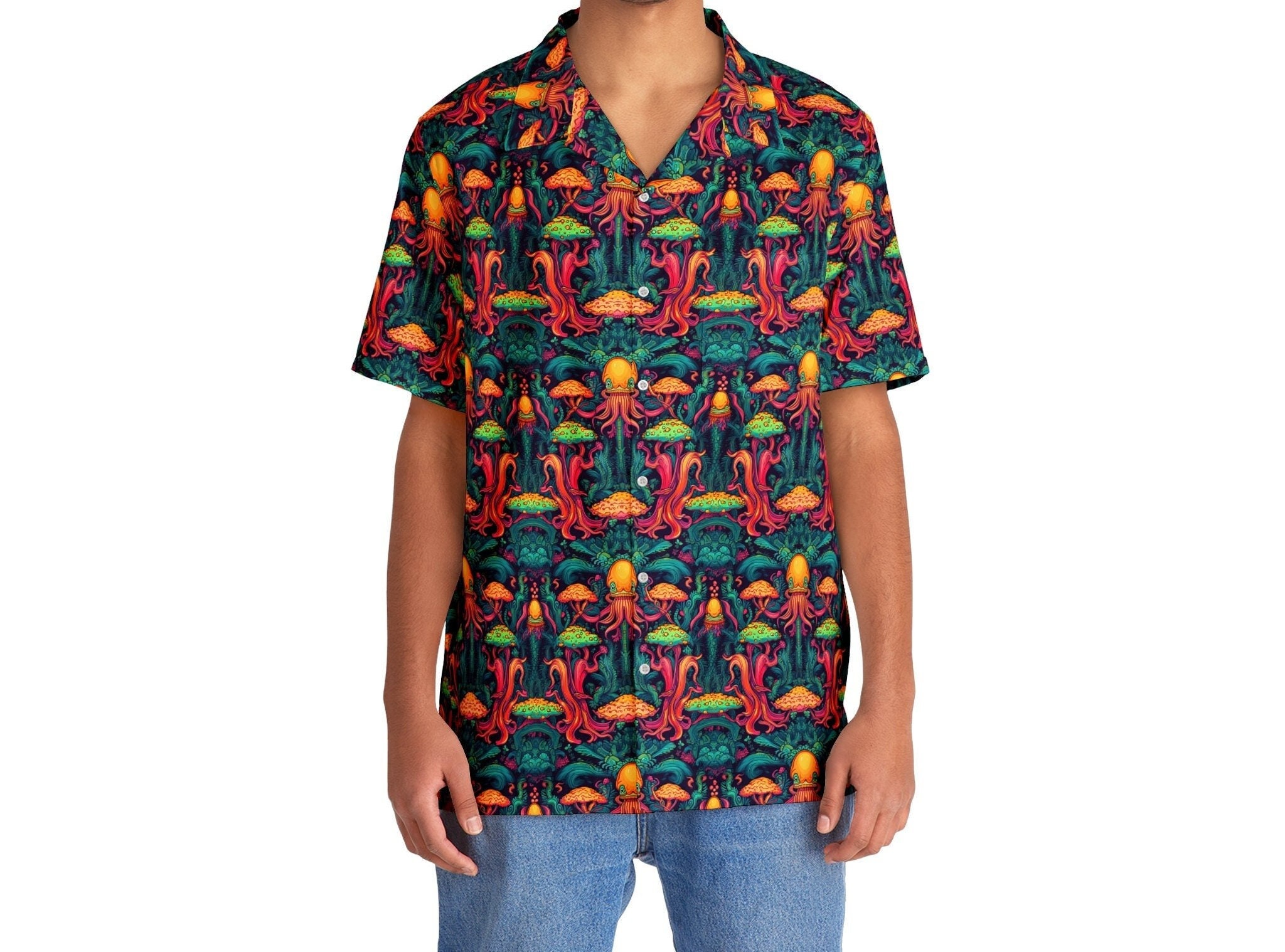 Free Shipping (Dom./Intl.) - Psychedelic Seascapes Men's Hawaiian Shirt: Vibrant Ocean Life Pattern - Sizes up to 5XL