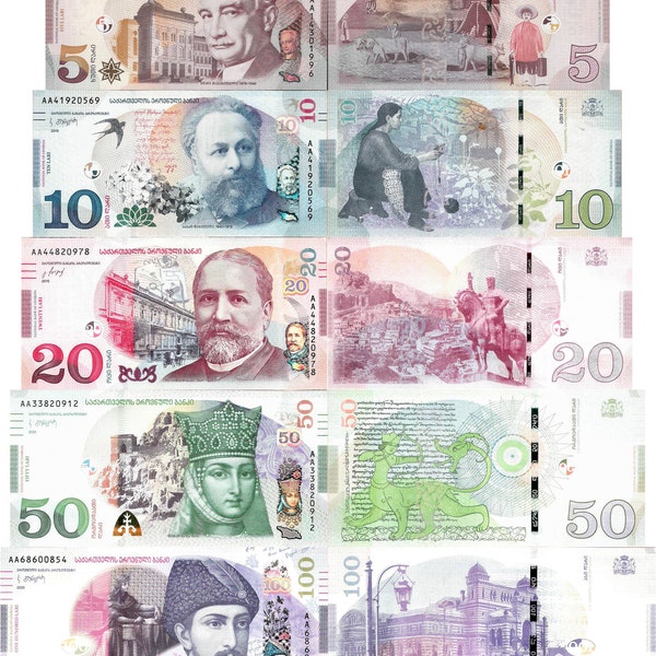 Georgia 2017+ set 5 pcs 5+10+20+50+100 lari Pick 76-80 UNC, Foreign Currency, Original,Uncirculated Old Paper money, Old Georgian banknotes