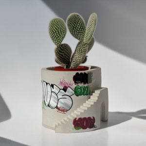 Stairs Concrete Planter: Graffiti Art Sticker Plant Pot