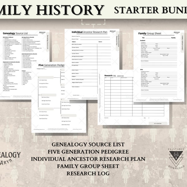 Family History Starter Bundle: Genealogy PDF worksheets to organize and trace your family lineage