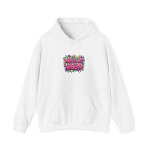 May include: White hoodie with a front pocket and a drawstring hood. The hoodie displays the text "WOKE UP WEIRD" in a colourful, graffiti-style design on the front. The design includes pink, green, blue, and yellow accents.