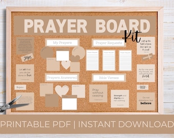 May include: A printable prayer board kit with a corkboard background. The kit includes sections for "My Prayers", "Prayer Requests", "Prayers Answered", "Bible Verses", and inspirational quotes. The kit is designed to help people organize their prayers and track their answered prayers.
