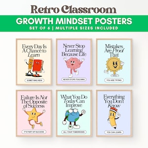 Pacchetto aula retrò: poster colorati sulla mentalità della crescita, materiale per gli insegnanti, set da parete per gallerie con download istantaneo, decorazioni con dopamina