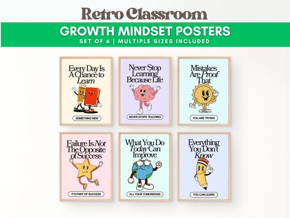 Retro Classroom Bundle: Colorful Growth Mindset Posters, Teacher Supplies, Instant Download Gallery Wall Set, Dopamine Decor