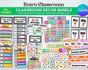 Mega paquete de decoración de aula retro: tema colorido del aula, kit de tablón de anuncios EDITABLE, descarga instantánea, personajes retro, decoración de dopamina