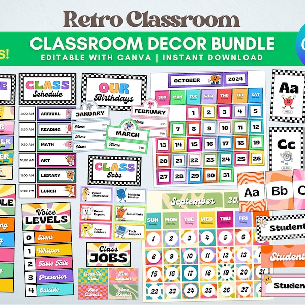 Retro Classroom Decor Bundle: Editable, Colorful Theme (Digital Download)