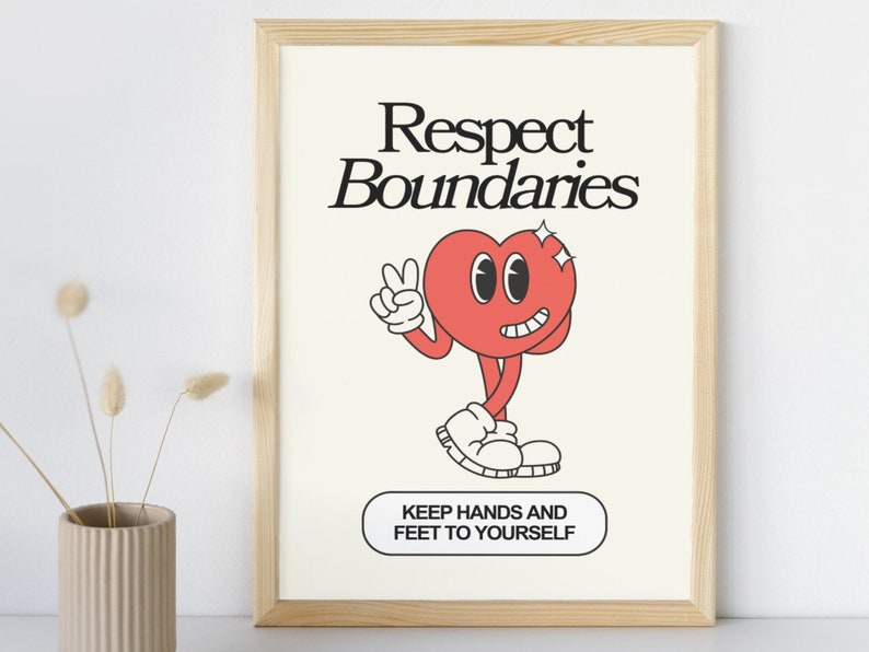 Close-up of a retro classroom rule poster that says 'Respect Boundaries: Keep Hands and Feet to Yourself' with vibrant graphics.