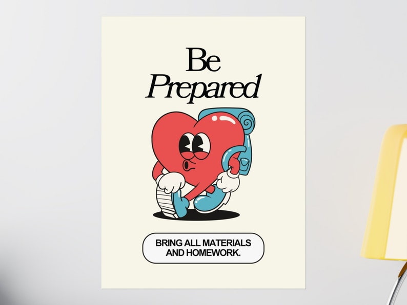 Colorful retro classroom rules posters styled in a classroom setting, creating a fun and organized learning environment. "Be Prepared: Bring All Materials and Homework."