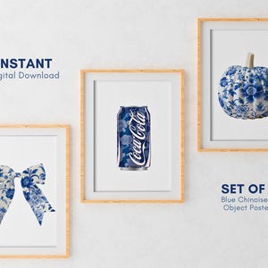 Conjunto de 3 pôsteres de Chinoiserie azul e branco | Arte de parede minimalista | Arte de parede de Chinoiserie da moda | Decoração Coastal Cowgirl e Grandmillennial
