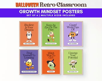 Pósteres retro de Halloween para fomentar la mentalidad de crecimiento - Set de 6 / Decoración espeluznante para el aula / Fantasmas, calabazas y más / Descarga digital