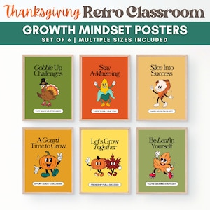 Retro Thanksgiving-klaslokaal groeimindset posterset | Prikbord herfst | Digitale download | Retro groovy-decor