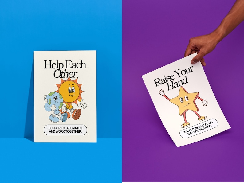 High-resolution retro classroom rule posters, perfect for decorating classrooms with a vintage theme.