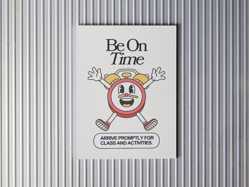 Bulletin board display example using the retro classroom rules posters, ideal for preschool and elementary classrooms. "Be On Time: Arrive promptly for class and activities"