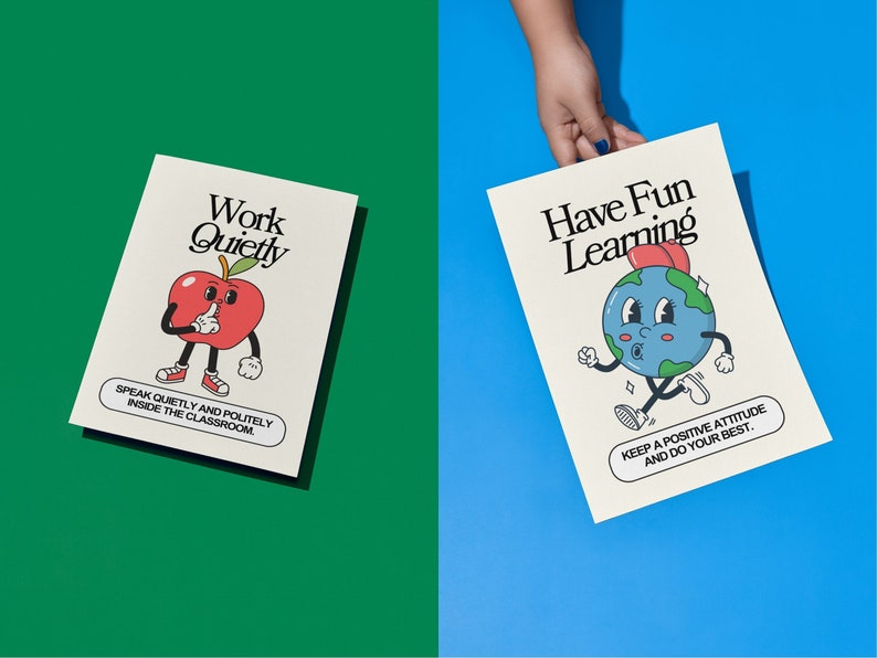 Retro classroom rule poster 'Have Fun Learning: Keep a positive attitude and do your best' in a colorful, playful design.