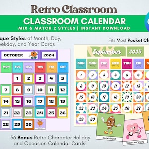 Retro-Themed Classroom Calendar Set | Digital Printable Calendar Cards | Mix & Match Styles for Pocket Charts