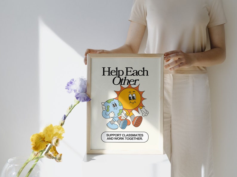 Colorful retro classroom rules posters styled in a classroom setting, creating a fun and organized learning environment. "Help Each Other: Support Classmates and Work Together."