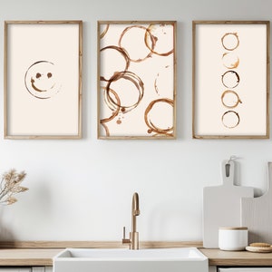 Set of 3 Minimalist Coffee Ring Poster | Digital Download Coffee Wall Art | Neutral Cafe Print | Modern Kitchen Art | Coffee Lover Gift