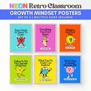 May include: Set of six colourful posters with retro illustrations and motivational quotes about growth mindset. The posters feature a red apple, a pencil, a sun, a star, a globe, and a brain.