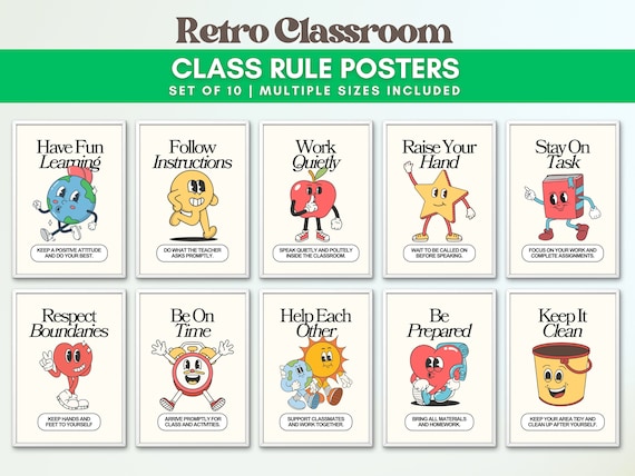Retro Classroom Bundle: Colorful Classroom Rules Posters, Teacher Supplies, Instant Download Gallery Wall Set, Retro Quote Wall Art