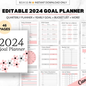 PLR 2024 Goal Planner Canva Editable Done for You Quarterly Wheel of Life Career Vision Board New Years Resolution Bucket List Resell Rights
