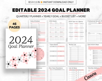 PLR 2024 Goal Planner Canva Editable Done for You Quarterly Wheel of Life Career Vision Board New Years Resolution Bucket List Resell Rights