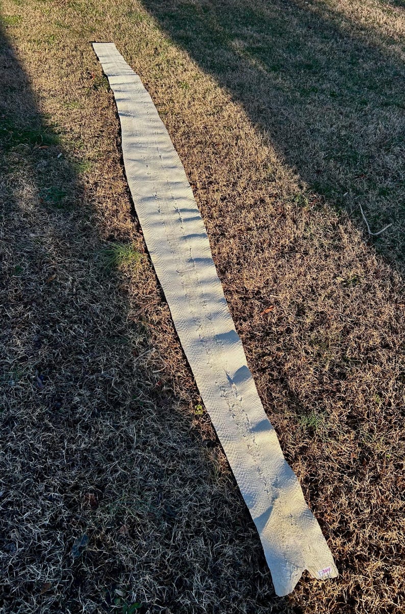 Puede incluir: Una larga tira de tela beige texturizada descansa sobre hierba seca. La tira tiene un patr&oacute;n repetitivo y est&aacute; ligeramente curvada. La tela parece estar hecha de un material tejido. La imagen est&aacute; tomada al aire libre con luz natural.