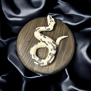 Peut inclure: Une sculpture de serpent crème avec des marques grises, enroulée sur une base ronde en bois. Le serpent présente une surface texturée. La base en bois a un grain naturel. Le fond est un tissu sombre et soyeux.