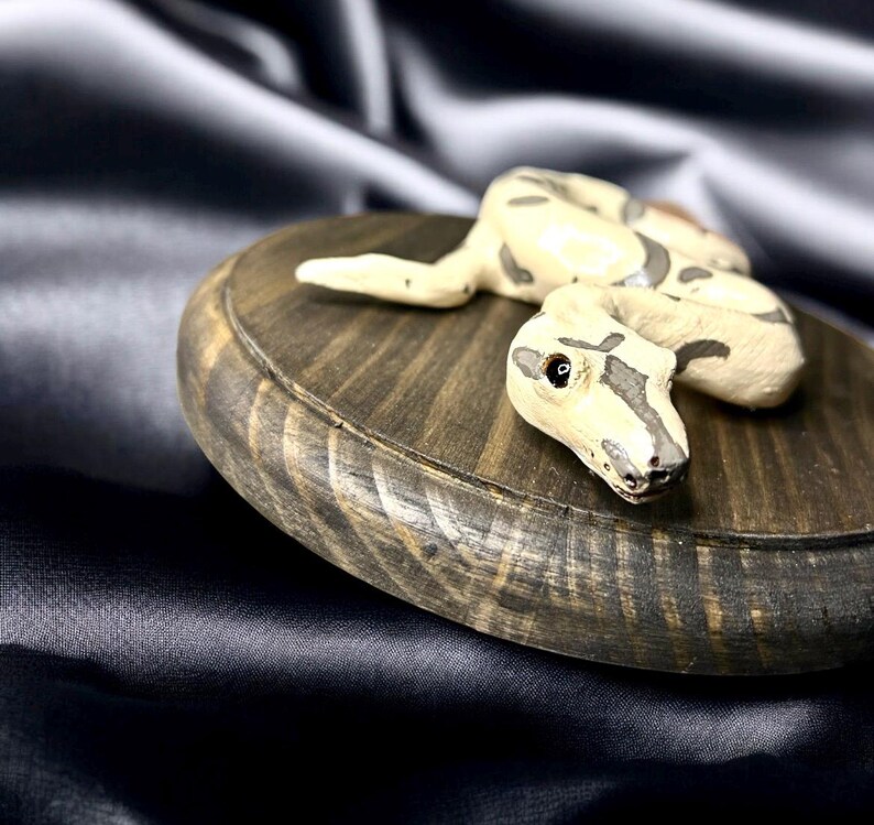 K&ouml;nnte beinhalten: Handgefertigte Skulptur einer Schlange, cremefarben mit grauen Markierungen, auf einer runden, gebeizten Holzbasis. Der Schlangenkopf ist detailliert mit dunklen Augen und grauen Mustern. Die Holzbasis hat eine dunkelbraune Oberfl&auml;che.