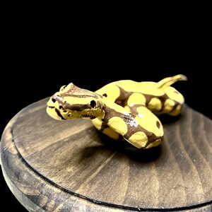 May include: A handcrafted ceramic snake figurine in yellow and brown, with a detailed pattern. The snake is coiled on a round, wooden base with a dark stain. The background is black.