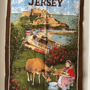 Vintage Souvenir Tea Towel - Jersey - Milkmaid - Channel Islands - Jersey Cows -  Country Scene