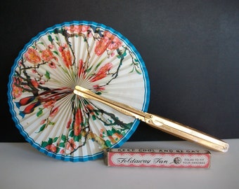 Vintage Chinese Foldaway Paper Fan in Original box - Blossom and bird scene 1960's