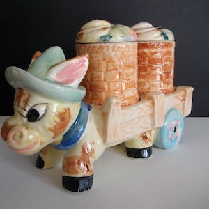 Vintage Ceramic Donkey Cart with Condiment Jars - Jam and Honey - Cart Wagon Holder Tray - Hand painted - Kitsch - Retro